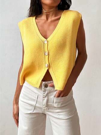 Women Y2k Button Down Knit Vest Open Front V Neck Sleeveless Sweater Vintage Crochet Vest Tank Top