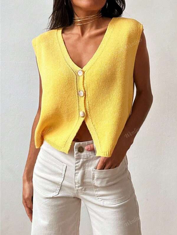 Colete de malha com botões Y2K feminino, frente aberta, decote em V, sem mangas, suéter vintage, colete de crochê, regata