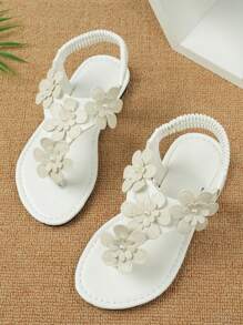 女童凉鞋 夏季新款手工串珠花朵设计圆头平底舒适可爱女童宝宝凉鞋 时尚优雅户外派对休闲沙滩凉鞋 - 米色 - 查看 1