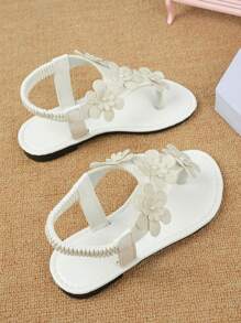 女童凉鞋 夏季新款手工串珠花朵设计圆头平底舒适可爱女童宝宝凉鞋 时尚优雅户外派对休闲沙滩凉鞋 - 米色 - 查看 3