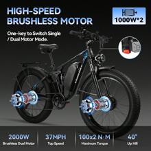 Qianchice Dual Motor 3000W Peak Electric Bike For Adults Women Men, Electric Bicycle 52V23AH Battery, Up To 37MPH 87 Miles Range, Full Suspension, Hydraulic Disc Brake E-Bike With 26*4" Fat Tire For All Terrain - 黑色 - 查看 3
