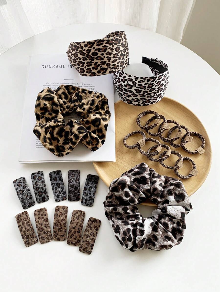 Bộ 12 chiếc băng đô họa tiết da báo kẹp bên trong suốt dây buộc tóc thời trang cao cấp phong cách cổ điển dành cho nữ, mùa thu/đông - Nhiều màu - Xem 1