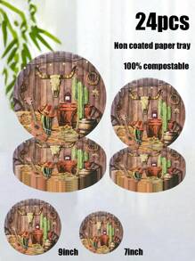 24pcs/12pcs Set,Made Of Materials, Including Disposable Paper Plates, Western Cowboy Party Theme Paper Plates, 7-Inch Paper Plates, 9-Inch Cardboard, Disposable Party Plates, Materials, Paper Plates, Party Accessories - Multicolor - View 2