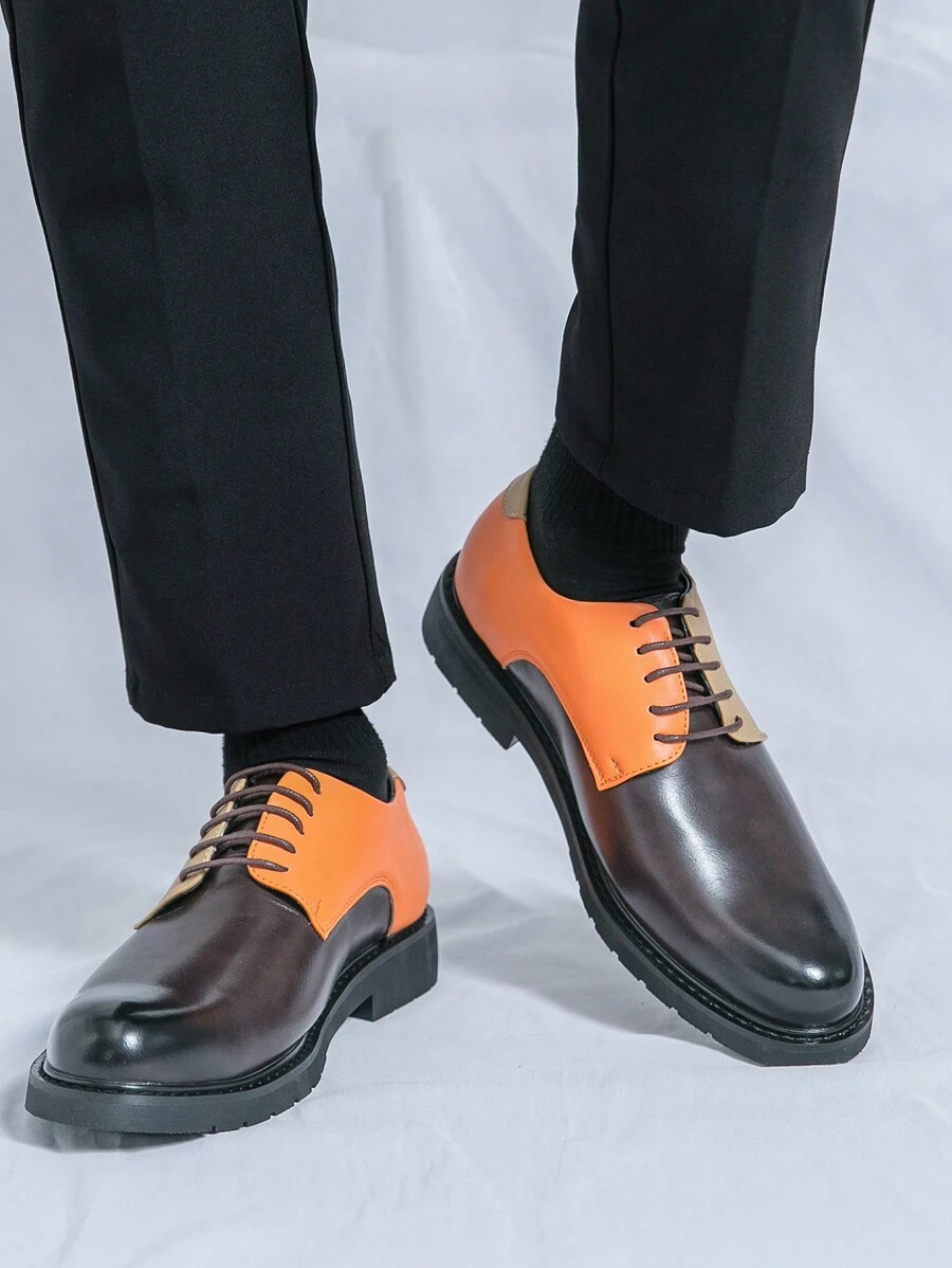 Giày mũi nhọn trang trọng cho nam, giày Oxford buộc dây thời trang Colorblock - trái cam - Xem 1