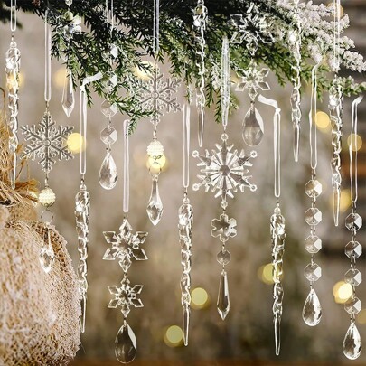 10/12/18pcs Crystal Christmas Ornaments For Christmas Tree Decorations- Clear/Light Blue/Champagne/AB Iridescent/Light Pink Hanging Acrylic Snowflake And Icicle Ornaments With Drop Pendants For New Year Party Decorations Supplies
