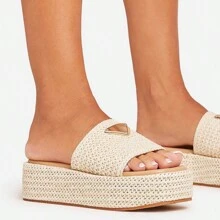 Ego Boii Logo Detail Square Toe Flatform Slider Sandal In Beige Woven - Beige - View 2