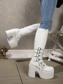 Giày bốt lông thú Y2K Punk cao đến đầu gối dành cho nữ, màu nâu - trắng - Xem 6
