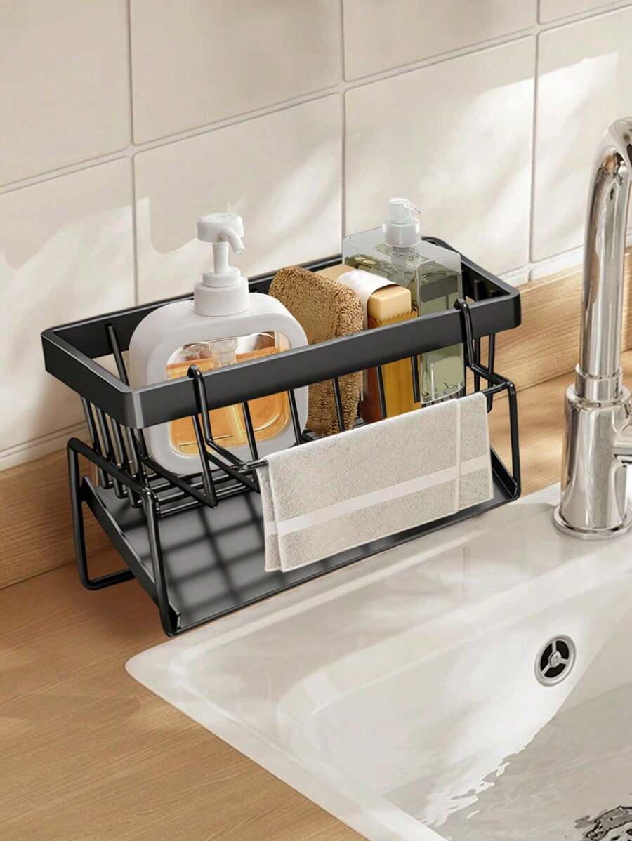 1 cái Giá đựng đồ bồn rửa mặt, Kệ đựng đồ phòng tắm, Giá đựng miếng bọt biển cho bồn rửa mặt và nhà bếp, Giá đựng đồ bồn rửa mặt bằng thép có giá treo khăn có thể tháo rời và khay thoát nước, Giá đựng miếng bọt biển, Giỏ đựng đồ khô cho vòi nước, Đồ dùng nhà bếp và phòng tắm - nhiều màu - Xem 1