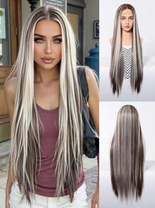 30英寸长直发13*4蕾丝前部手工编织蕾丝化纤发日常进口丝绸派对婚礼音乐节圣诞礼物 - 挑染金色 - 查看 1