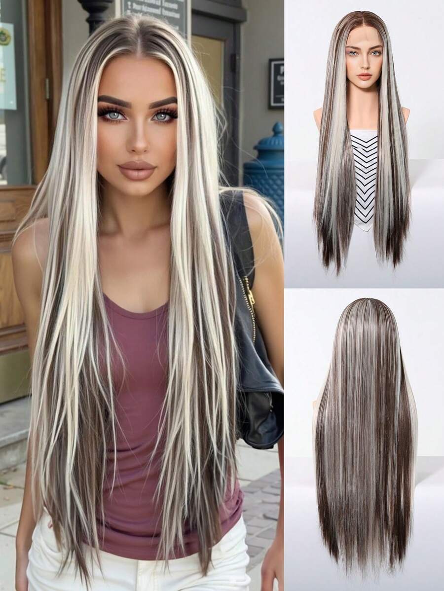 30英寸长直发13*4蕾丝前部手工编织蕾丝化纤发日常进口丝绸派对婚礼音乐节圣诞礼物 - 挑染金色 - 查看 1