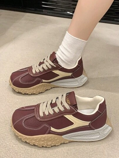 Women's Comfortable Lightweight Geometric Patchwork Platform Round Toe Lace-Up Chunky Chunky Sneakers, Suitable For Four Seasons Outdoor Sports