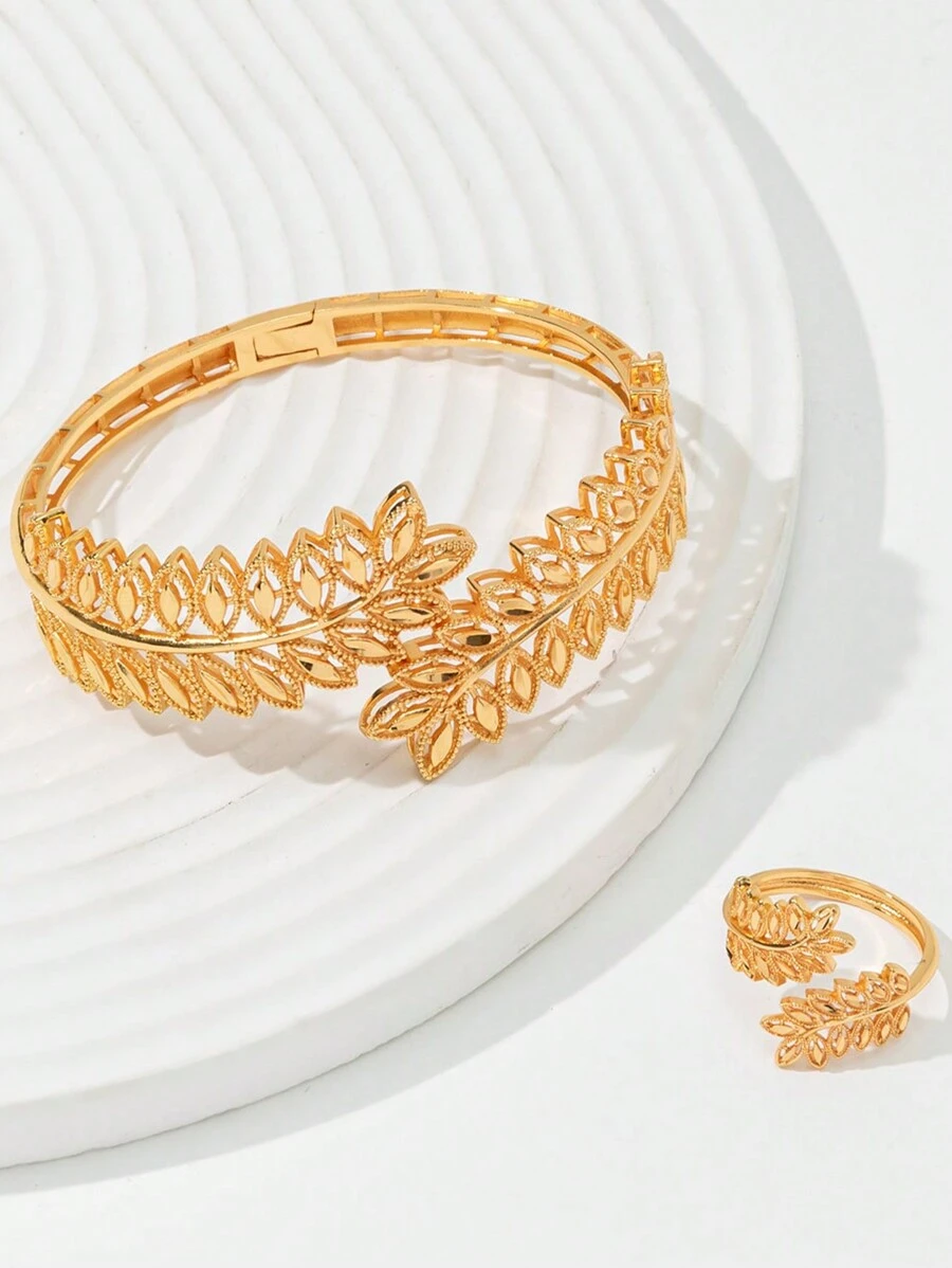 1入18k時尚花朵開口手鐲戒指套裝女士手鐲 1個戒指1個 - 金黃色 - 查看 1