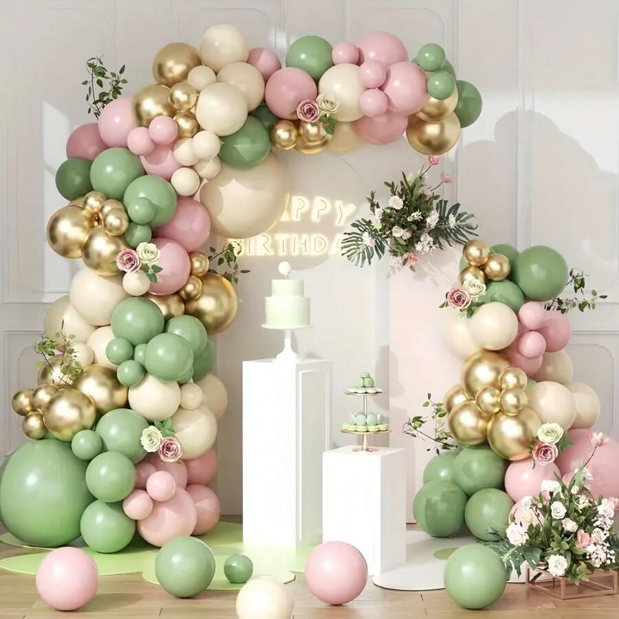 145 件鼠尾草绿色和粉色气球花环套装 - 非常适合婚礼、生日和波西米亚风派对 | 包括白色、沙色、镀铬金色和柔和色调的乳胶气球 - 彩色 - 查看 1