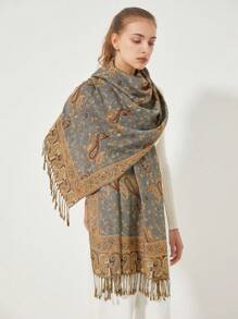 1pc Women's Paisley Floral Print Elegant Vintage Style Polyester Scarf, Versatile For Daily Use - Light Grey - View 6
