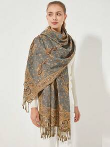 1pc Women's Paisley Floral Print Elegant Vintage Style Polyester Scarf, Versatile For Daily Use - Light Grey - View 3