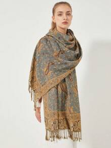 1pc Women's Paisley Floral Print Elegant Vintage Style Polyester Scarf, Versatile For Daily Use - Light Grey - View 5