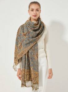 1pc Women's Paisley Floral Print Elegant Vintage Style Polyester Scarf, Versatile For Daily Use - Light Grey - View 1