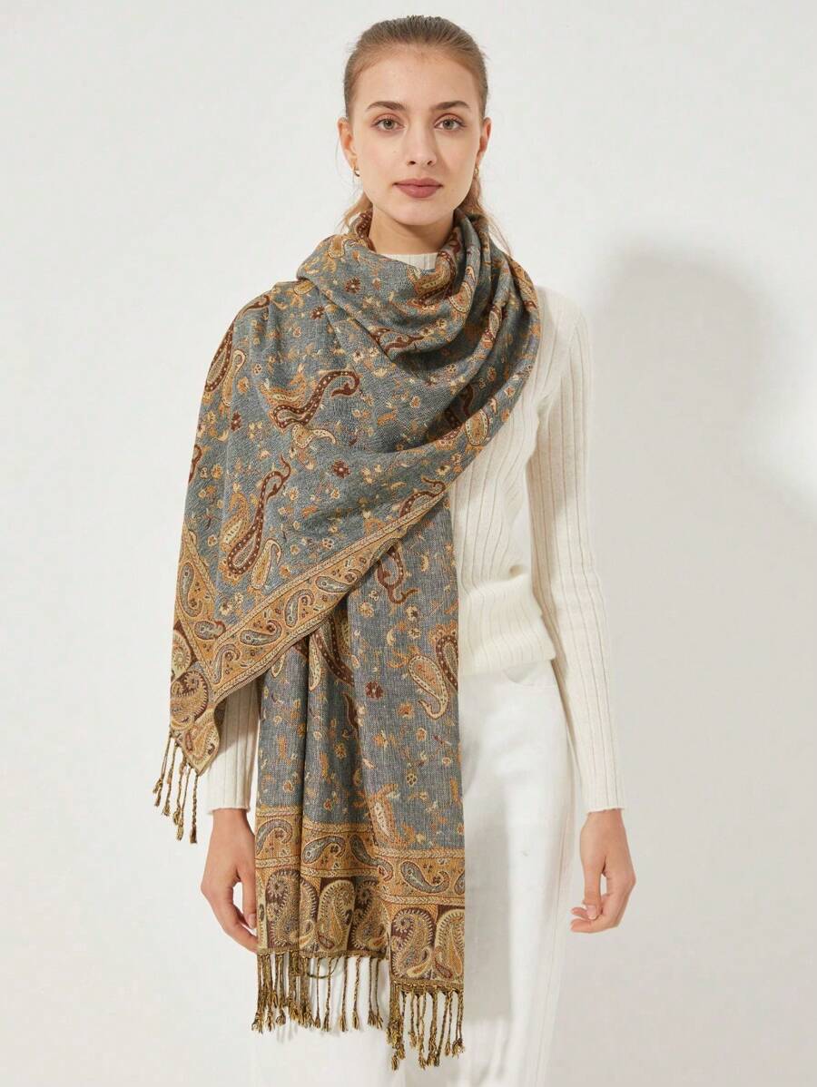1pc Women's Paisley Floral Print Elegant Vintage Style Polyester Scarf, Versatile For Daily Use - Light Grey - View 1