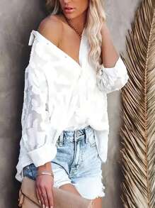 UREREM Áo kiểu voan mỏng màu trơn họa tiết hoa 3D, cổ chữ V dáng rộng, tay loe xếp nếp, vải dệt 120g, màu trắng xuân/hè. - trắng - Xem 3