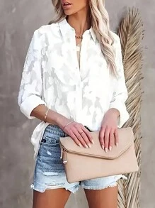 UREREM Áo kiểu voan mỏng màu trơn họa tiết hoa 3D, cổ chữ V dáng rộng, tay loe xếp nếp, vải dệt 120g, màu trắng xuân/hè. - trắng - Xem 4