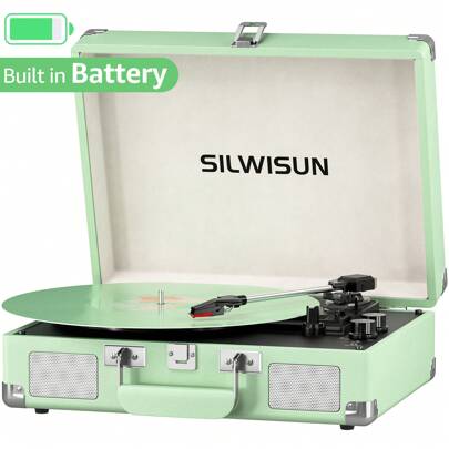 SILWISUN Vinyl Record Player 3 Speed Turntable With Bluetooth, Built In Battery, Portable Suitcase, Built In Speakers,Type-C Port 3.5mm Headphone Jack Aux In/RCA Out Pink For Home Decoration Gift Pink Green Black Brown