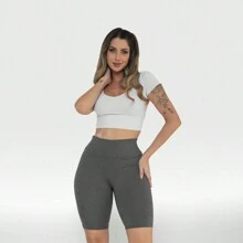 WOMEN'S HIGH WAIST FITNESS GYM LEGGING BERMUDA SHORTS - 黑色 - 查看 2