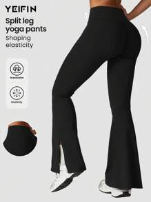 YEIFIN Quần thể thao cạp cao xếp ly ống loe màu trơn dành cho nữ phù hợp cho tập yoga, thể dục và chạy bộ - màu đen - Xem 1