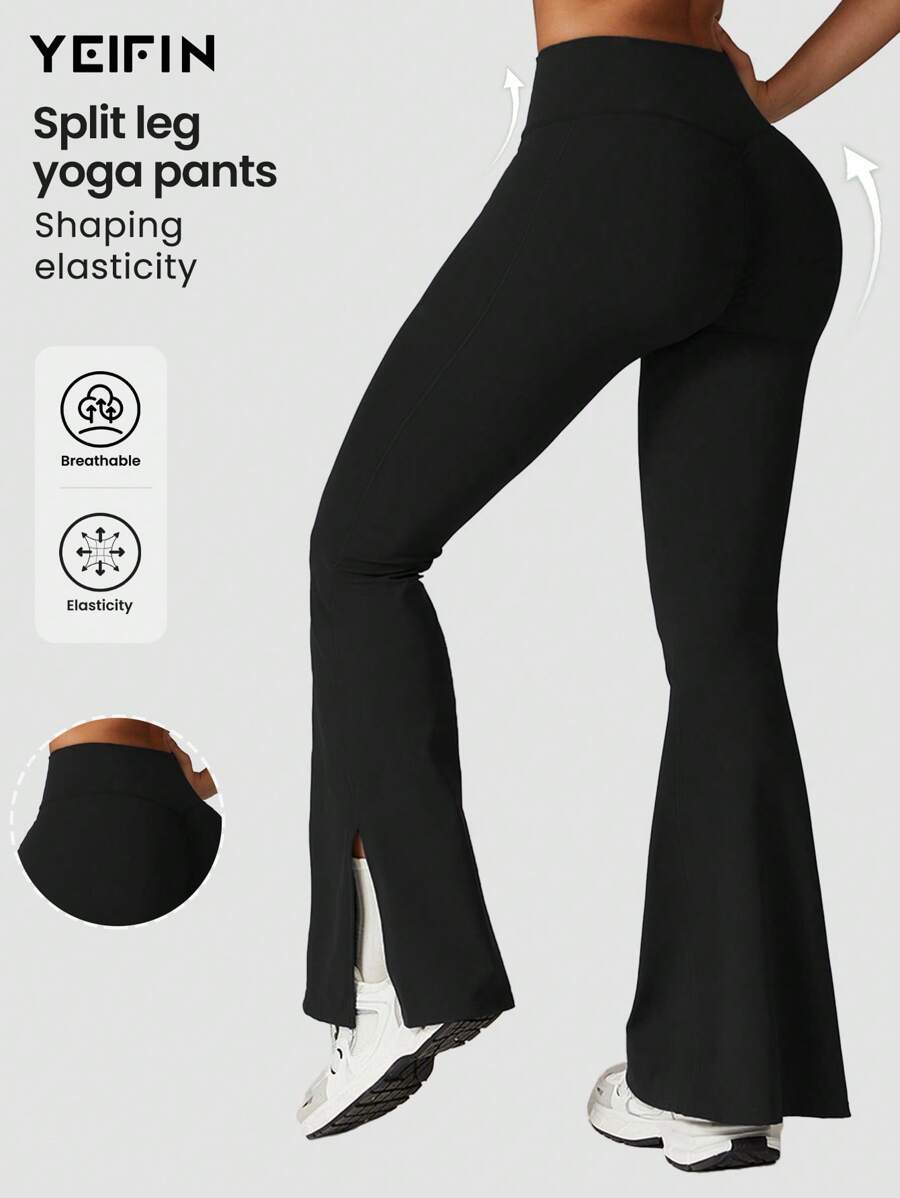 YEIFIN Quần thể thao cạp cao xếp ly ống loe màu trơn dành cho nữ phù hợp cho tập yoga, thể dục và chạy bộ - màu đen - Xem 1