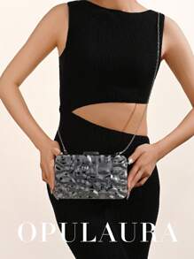 OpulAura 时尚金属闪亮盒形晚宴包，高端设计晚宴手拿包，奢华闪亮正式派对包，链条单肩斜挎包，适合舞会礼服、派对、鸡尾酒会、生日派对装扮、生日礼物、新娘手拿包 - 黑色 - 查看 9