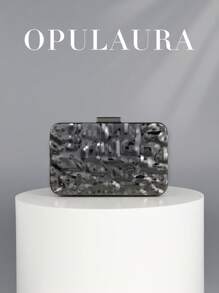 OpulAura 时尚金属闪亮盒形晚宴包，高端设计晚宴手拿包，奢华闪亮正式派对包，链条单肩斜挎包，适合舞会礼服、派对、鸡尾酒会、生日派对装扮、生日礼物、新娘手拿包 - 黑色 - 查看 3