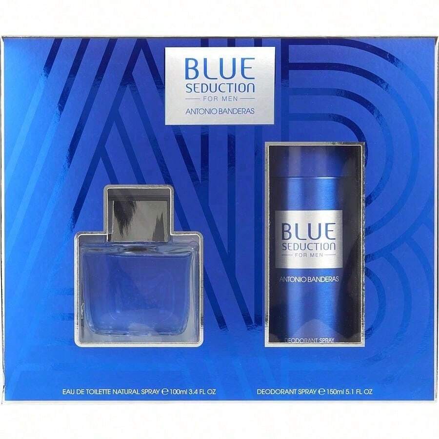 Seducción Azul por Antonio Banderas Hombres Menta, Bergamota, Musgo de Roble, Maderas, Casis, Nuez Moscada, Melón, Cardamomo, Almizcle, Manzana, Capuchino Edt Spray 100ml y Desodorante Spray 150ml