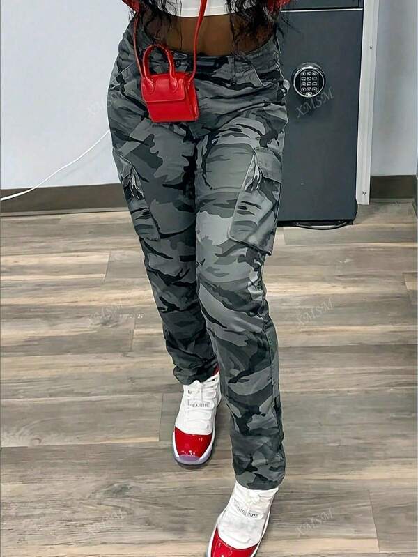 Pantalon cargo camouflage pour femmes, mode casual, taille haute, pieds liés, pantalon droit à poches multiples