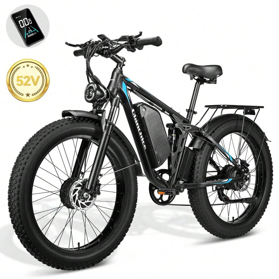Qianchice Dual Motor 3000W Peak Electric Bike For Adults Women Men, Electric Bicycle 52V23AH Battery, Up To 37MPH 87 Miles Range, Full Suspension, Hydraulic Disc Brake E-Bike With 26*4" Fat Tire For All Terrain - 黑色 - 查看 1