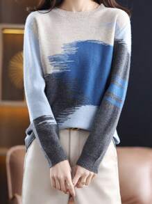 Women's Sweater Round Collar Color Clash Long Sleeve Loose Casual Skinny Knit Sweater - 藍色和灰色拼色 - 查看 1