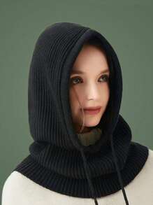 1pc Cozy Knit Hooded Scarf With Ear Flaps - Stretchy, Drawstring Closure, Unisex Winter Hat - Knitted Hat - View 10