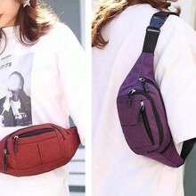 防水腰包腰包，户外贴身运动腰包，防水防盗隐形跑步腰包，紧凑多功能便携式储物袋 - 简单的拉链纯色腰包，可装钱包和护照 - 非常适合户外旅行、徒步旅行和跑步 - 可调节肩带，男女皆宜！，开学第一天的学院风腰包 - 酒紅色 - 查看 3