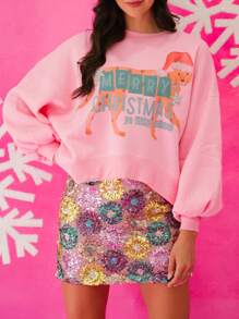 Women's Christmas Loose Pullover Sparkly Rhinestone Letter Print Long Sleeve Crew Neck Sweatshirt