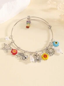 1 件波西米亚风格金属花朵、大象、蝴蝶装饰玻璃珠手链，适合女性日常佩戴 - 彩色 - 查看 5