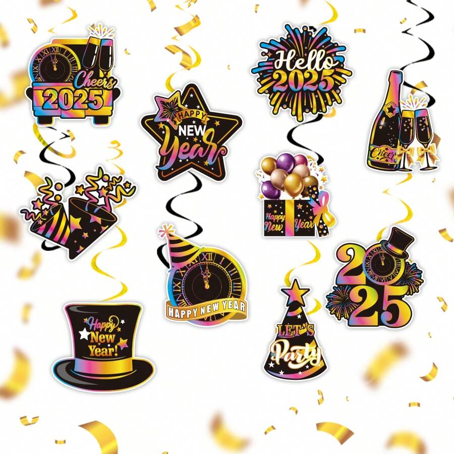 10pcs/Pack 2025 New Year Party Spiral Hanging Ornaments, New Year Spiral Hanging Decorations, Great Gift For Christmas, New Year, Thanksgiving, Autumn Festival, Valentine's Day - Multicolor - View 1