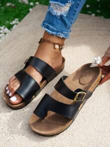 户外、度假、派对 舒适防滑露趾木坡跟优雅时尚百搭女士平底凉鞋 - 黑色 - 查看 2