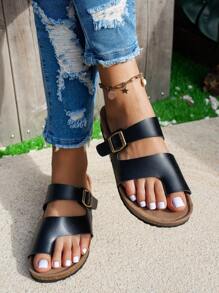 户外、度假、派对 舒适防滑露趾木坡跟优雅时尚百搭女士平底凉鞋 - 黑色 - 查看 1