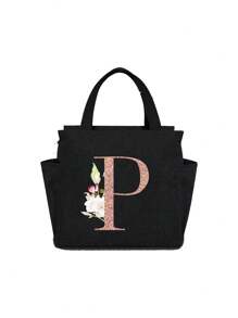 Geantă de prânz izolată personalizată cu identificare a primei litere - Geantă Bento caldă din pânză, închidere cu fermoar, căptușeală din folie de aluminiu de mare capacitate, potrivită pentru designul primei litere la serviciu și la școală, școli și activități în aer liber - Ușor de curățat, design compact, impermeabil, cutie de prânz, geantă de prânz pentru femei, geantă de picnic pentru profesori, geantă frigorifică pentru camping, geantă frigorifică pentru sală de clasă, geantă de picnic pentru femei, geantă de damă pentru școală, accesorii școlare, articole școlare