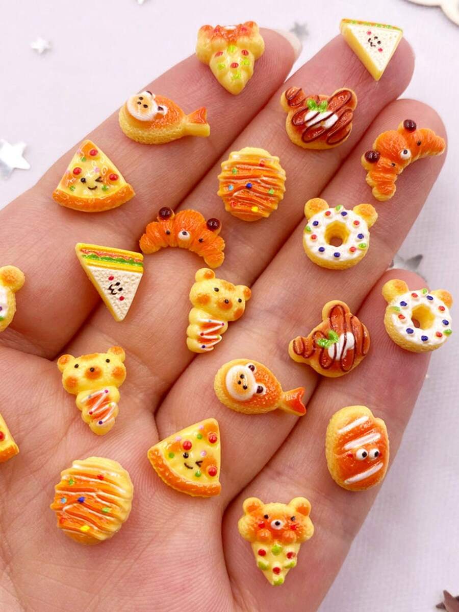 30 miếng nhựa hỗn hợp nhiều màu sắc mini 3D mô phỏng bánh mì trang trí bánh rán pizza bánh quy mặt phẳng sổ lưu niệm tự làm đồ trang sức trang trí thời trang thủ công phụ kiện mùa hè, trường học