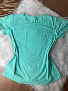 Women's Plain Knit T-Shirt In Various Colors - nước xanh - Xem 3
