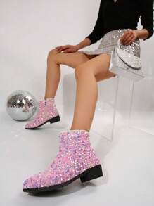 女士闪亮拉链点缀时尚粉色短靴，优雅闪亮踝靴，适合秋季休闲、派对和宴会，随机图案 - 粉紅色小亮片 - 查看 3