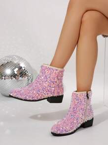 女士闪亮拉链点缀时尚粉色短靴，优雅闪亮踝靴，适合秋季休闲、派对和宴会，随机图案 - 粉紅色小亮片 - 查看 1