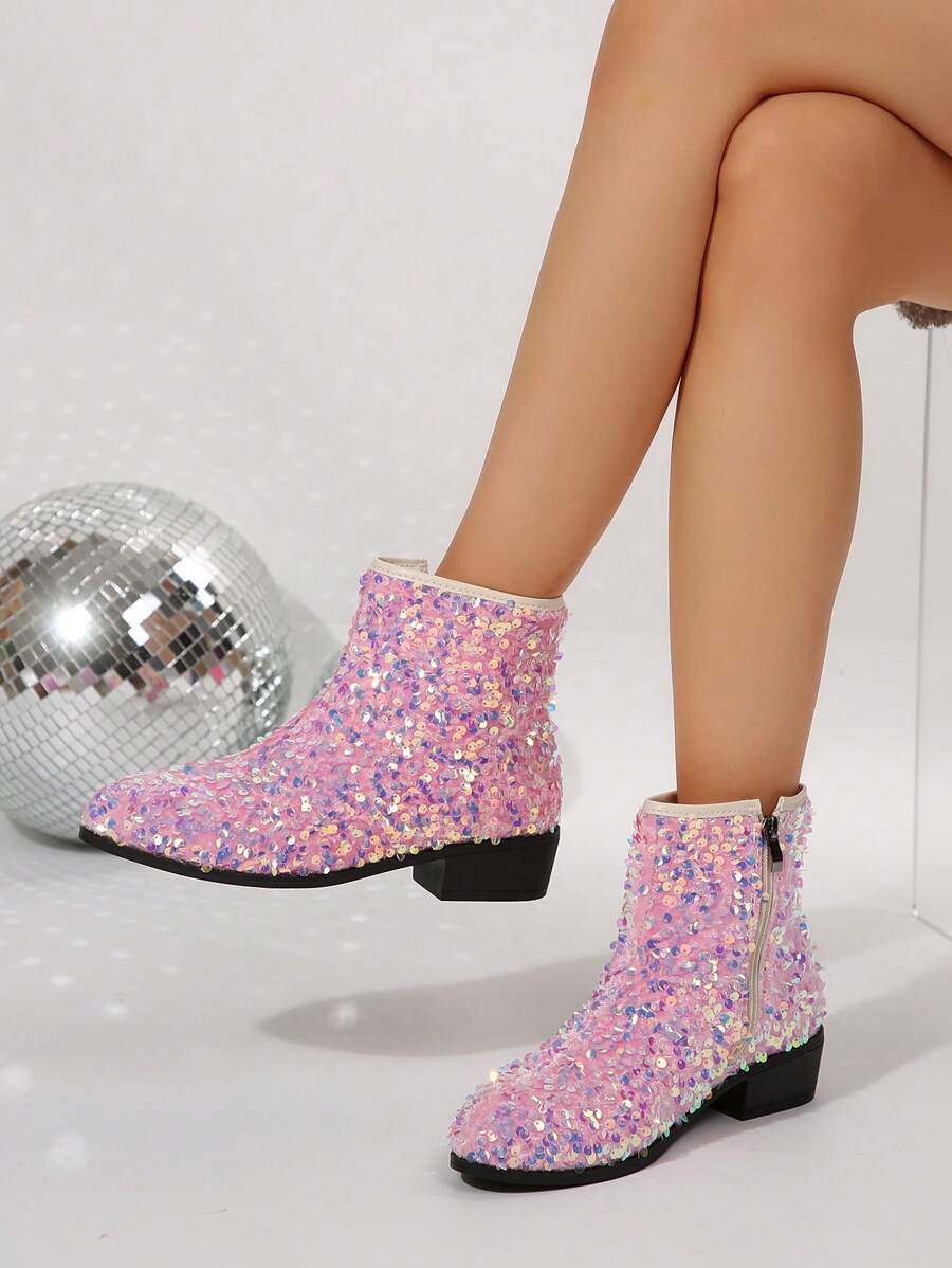 女士闪亮拉链点缀时尚粉色短靴，优雅闪亮踝靴，适合秋季休闲、派对和宴会，随机图案 - 粉紅色小亮片 - 查看 1