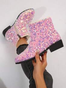 女士闪亮拉链点缀时尚粉色短靴，优雅闪亮踝靴，适合秋季休闲、派对和宴会，随机图案 - 粉紅色小亮片 - 查看 2
