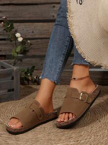 女士时尚舒适厚底凉鞋多种颜色百搭时尚一脚蹬平底沙滩凉鞋，夏季 - 紫紅色 - 查看 8