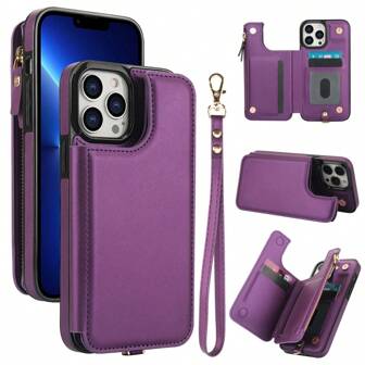 苹果奢华皮革钱包拉链手机壳适用于 iPhone Galaxy 带肩带卡槽支架防震保护